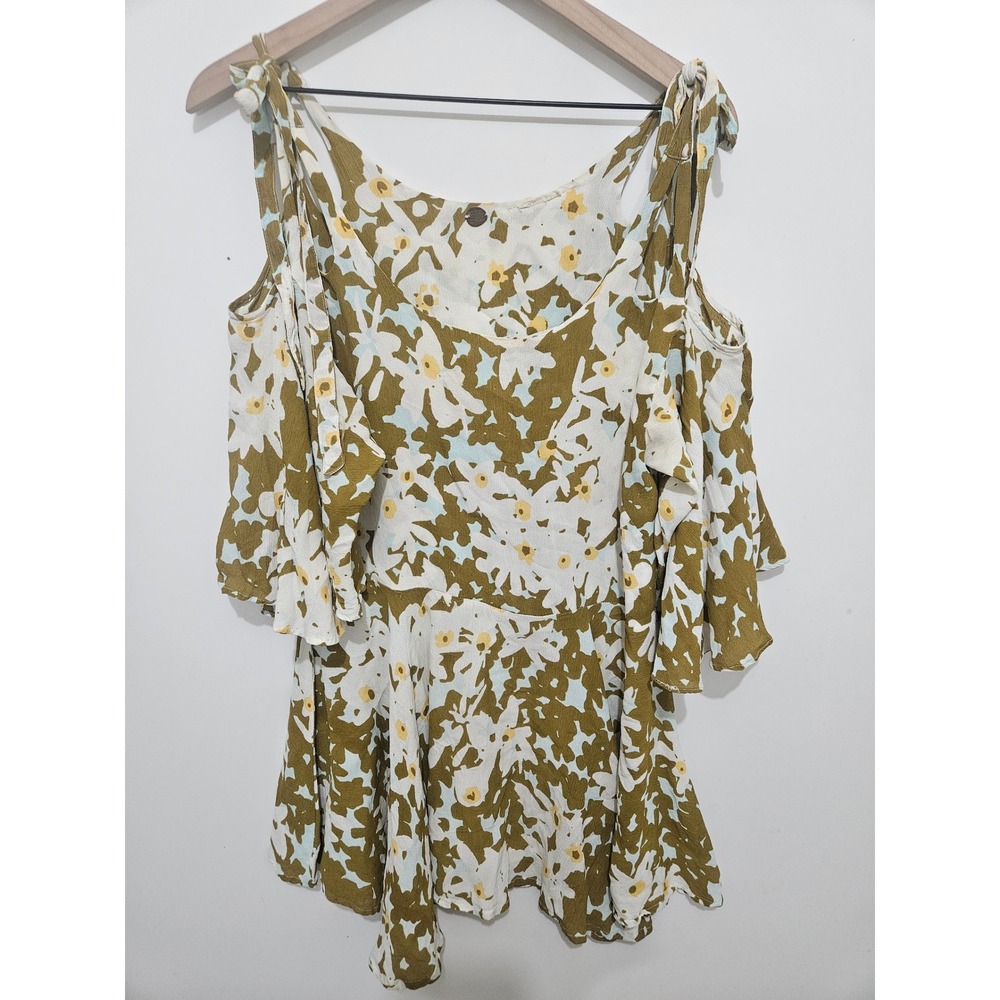 FP One Free People Floral Cold‎ Shoulder Tie Strap Ruffle Blouse Olive Green L